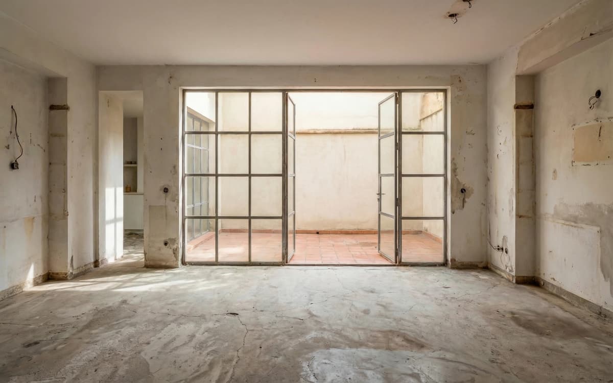 Antes: Salón-comedor con vistas al patio interior de la casa en Gràcia