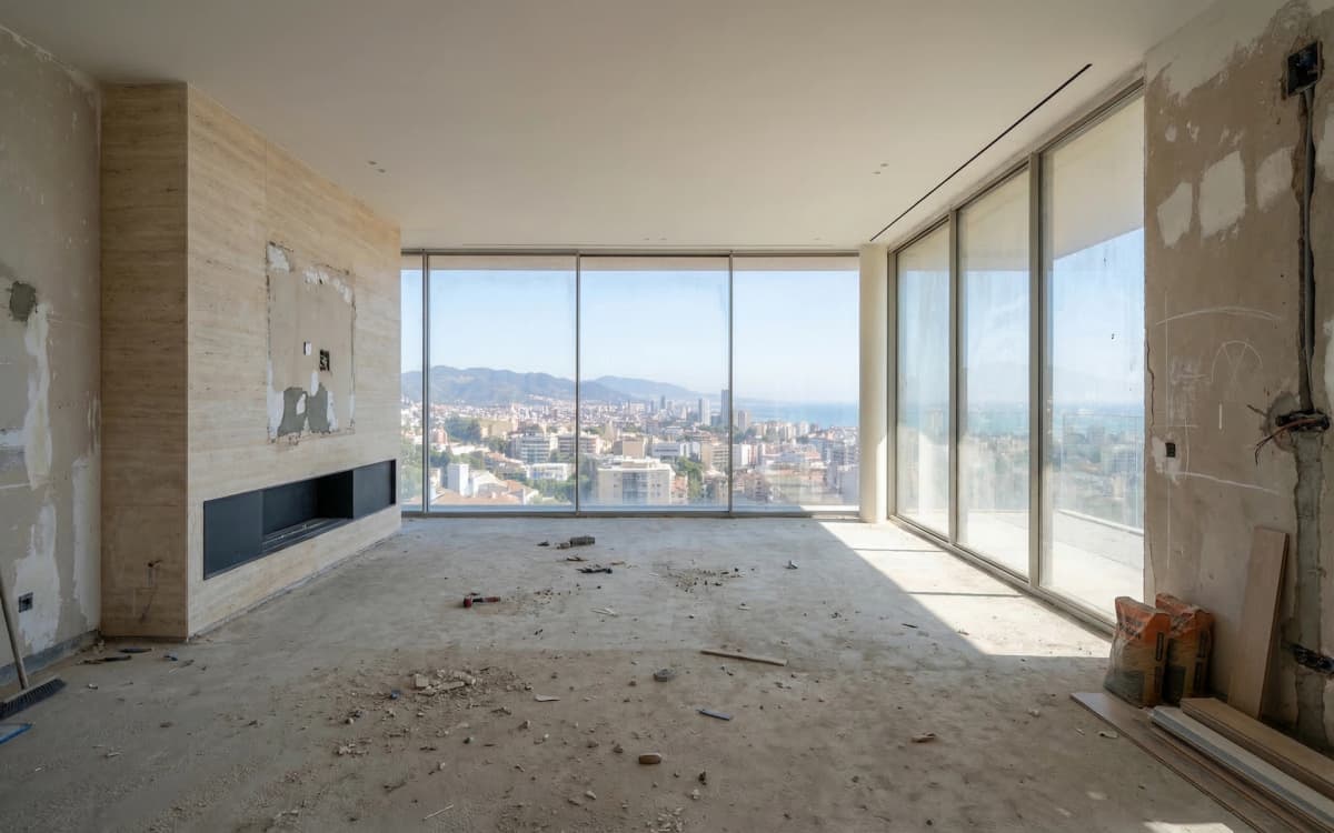 Antes: Salón del ático con vistas panorámicas de Barcelona