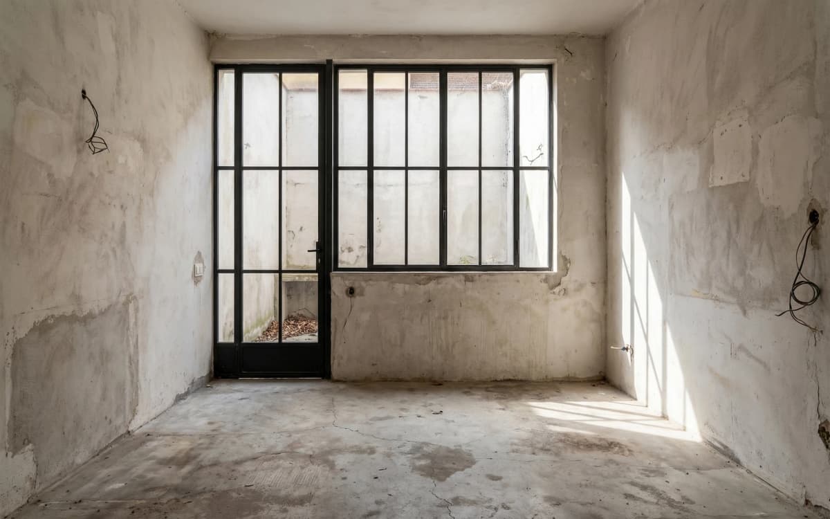 Antes: Cocina abierta con microcemento y acceso al patio interior