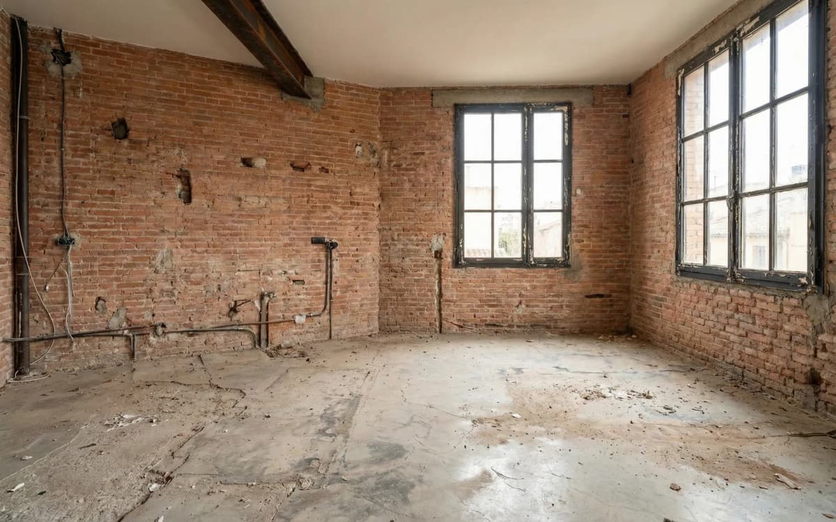 Antes: Cocina abierta con isla central de hormigón