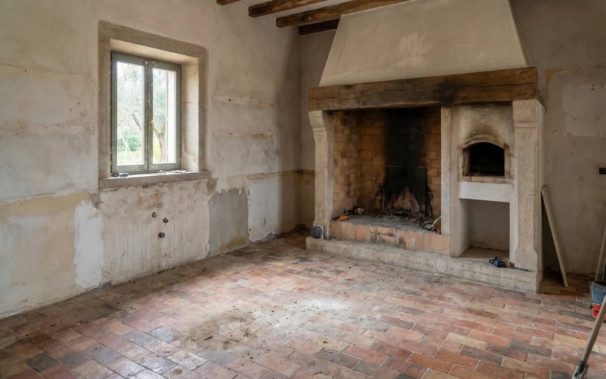 Antes: Cocina con chimenea de piedra y suelo de terracota