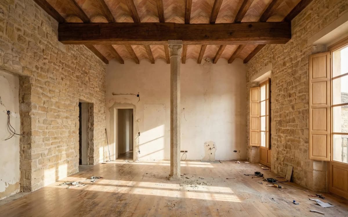 Antes: Salón con vigas de madera y bóveda catalana restaurada