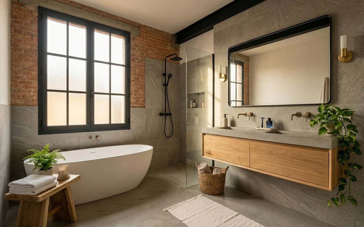 Después: Baño estilo spa con ducha de obra y grifería negra