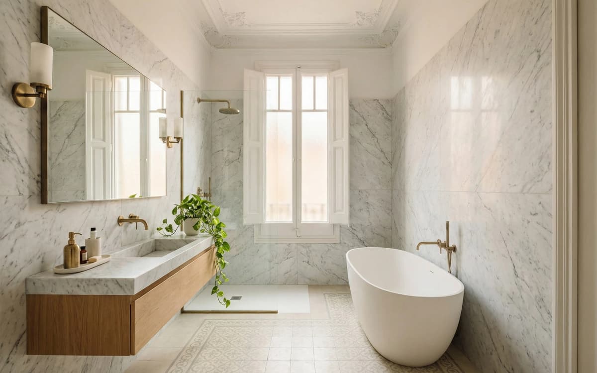 Después: Baño en mármol de Carrara con grifería de latón