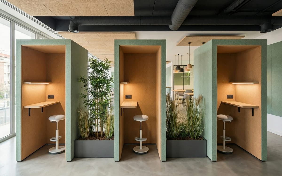 Después: Cabinas de concentración acústicas con fieltro reciclado