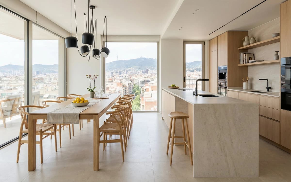 Después: Comedor y cocina abierta del ático en Sarrià