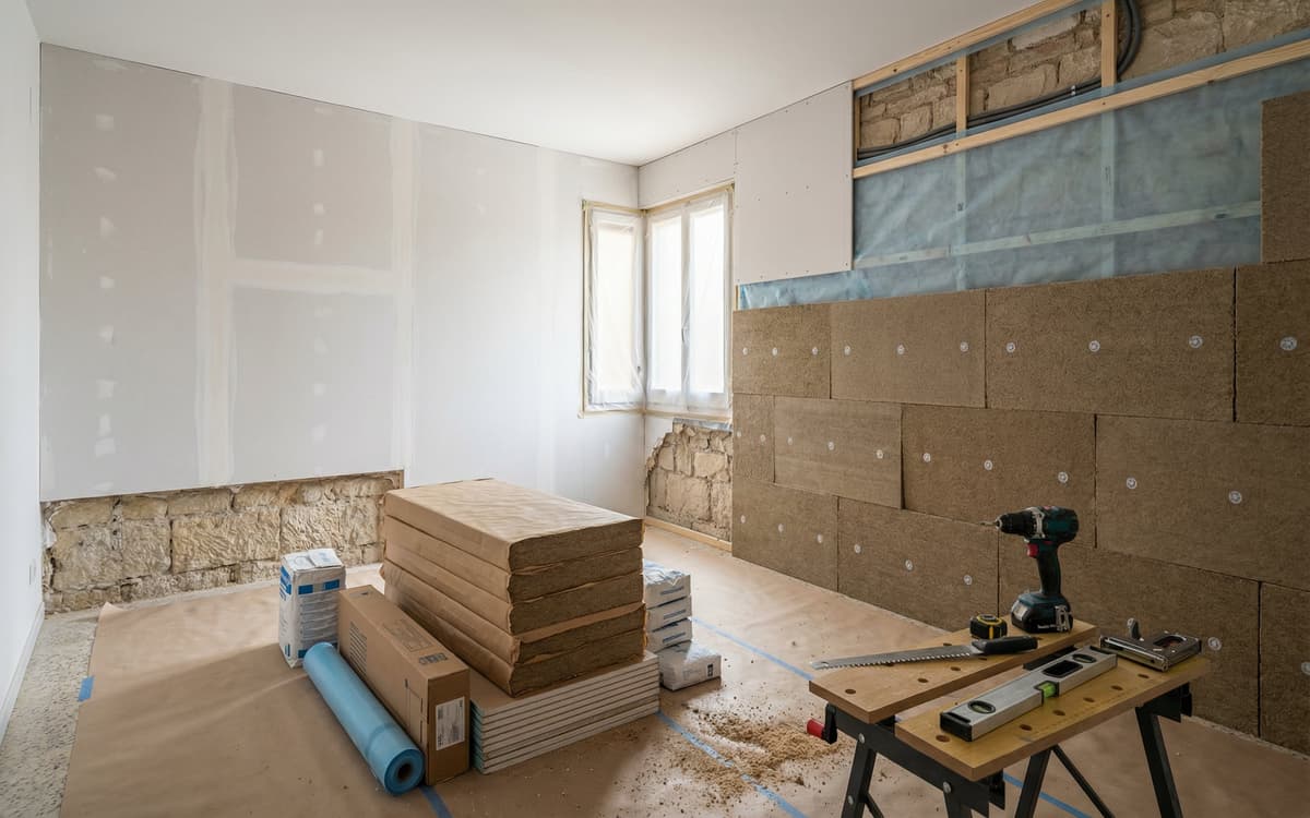 Obra de aislamiento interior con fibra de madera en Barcelona