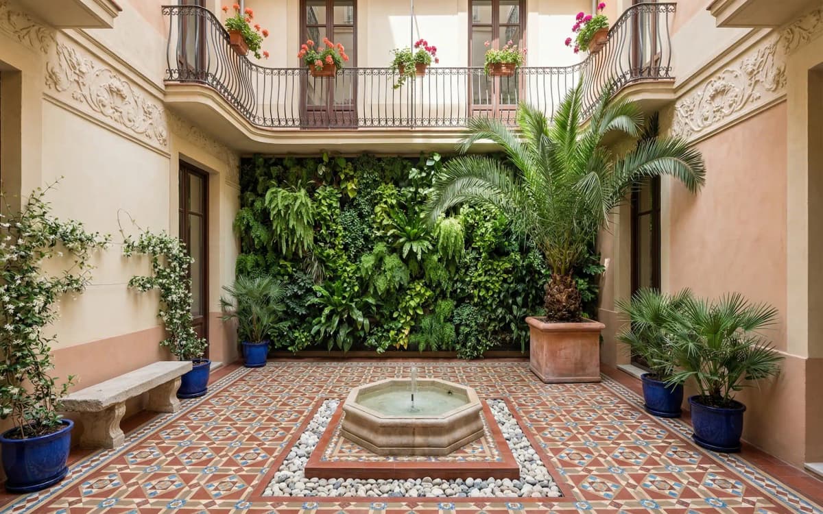 Patio interior modernista con paisajismo en Gràcia