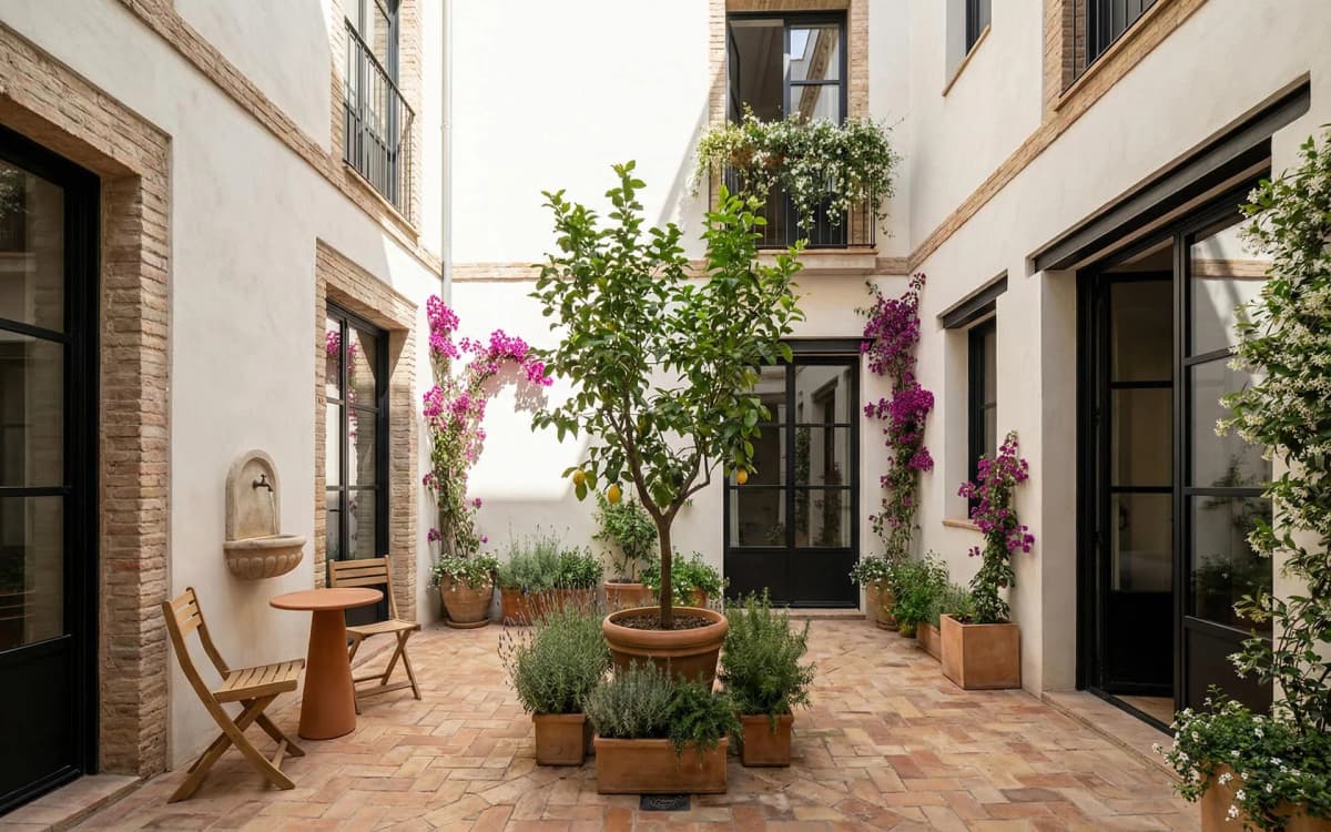 Después: Patio interior vegetalizado de la casa rehabilitada en Gràcia