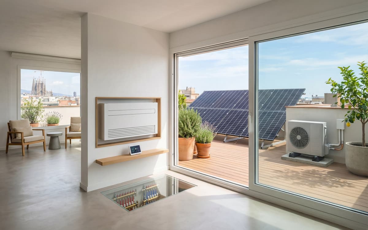 Instalación de aerotermia y paneles solares en terraza