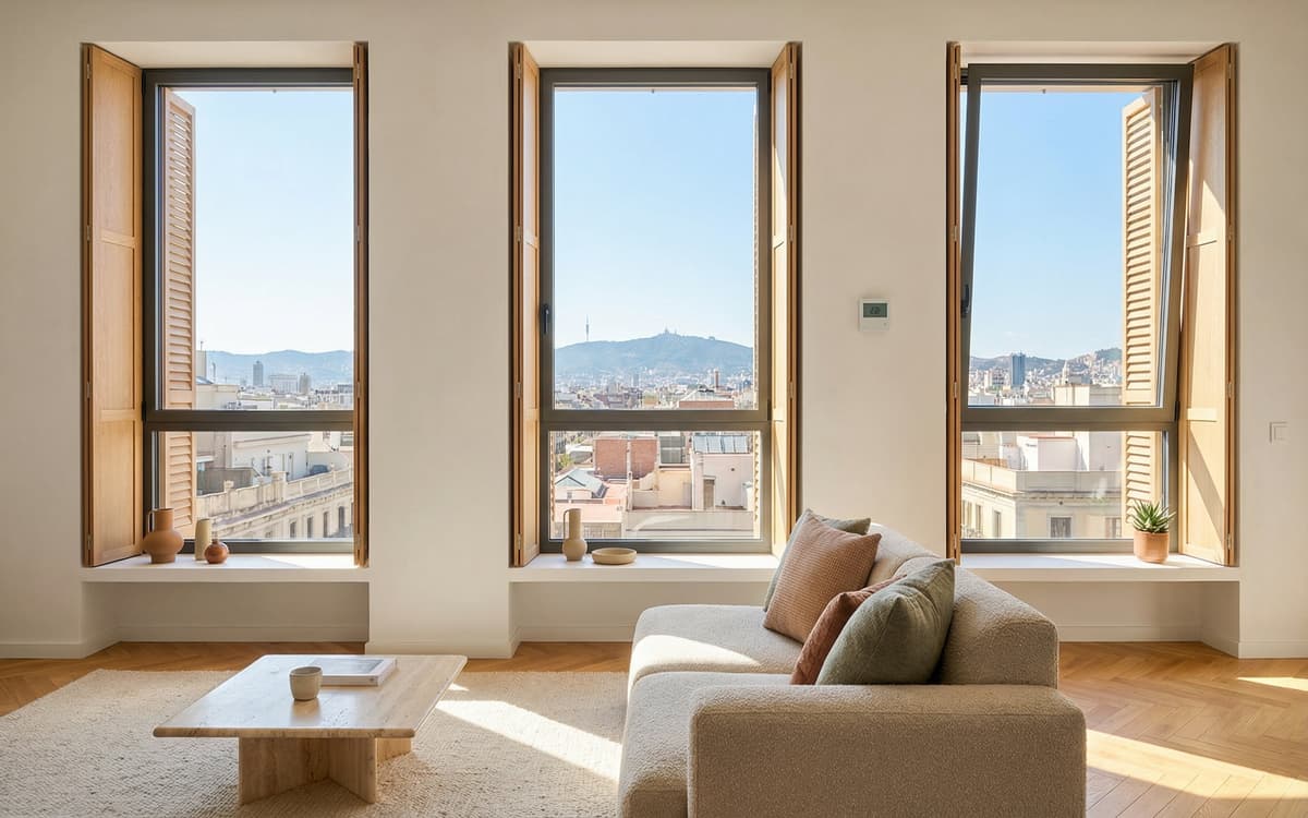 Ventanas de salón luminoso tras rehabilitación energética