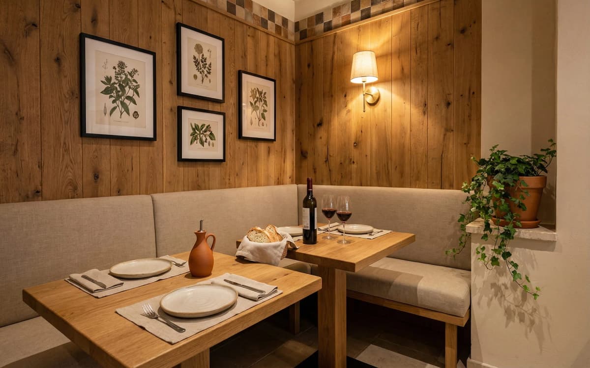 Después: Rincón íntimo con banqueta tapizada y mesas de roble