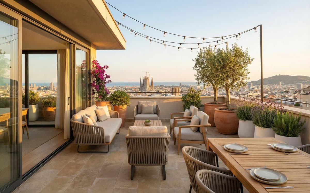 Después: Terraza panorámica con zona de estar al atardecer