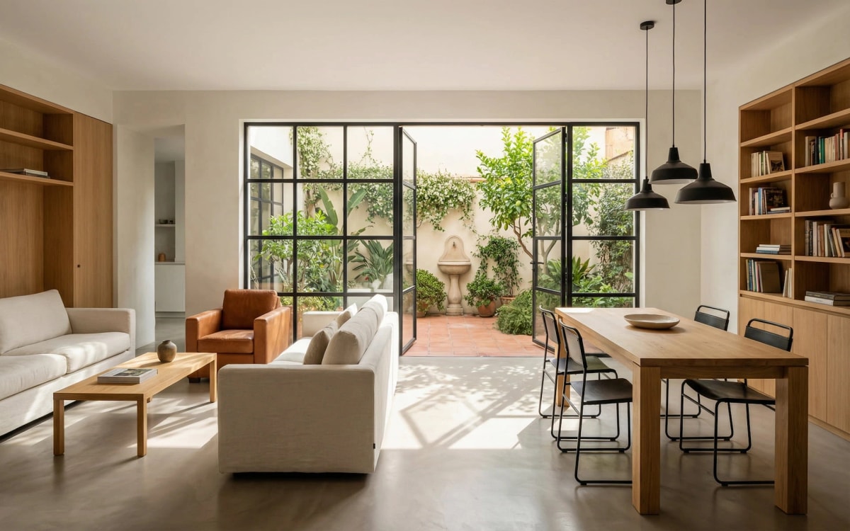 Salón-comedor con vistas al patio interior de la casa en Gràcia