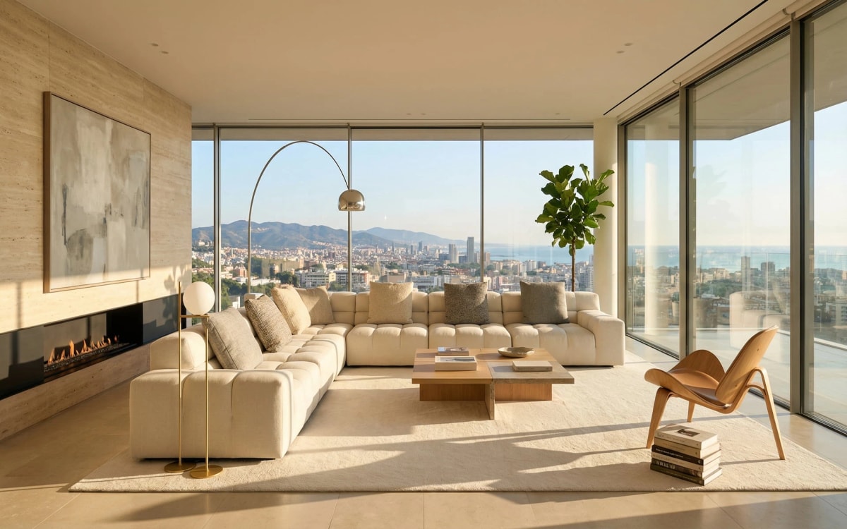 Salón del ático con vistas panorámicas de Barcelona