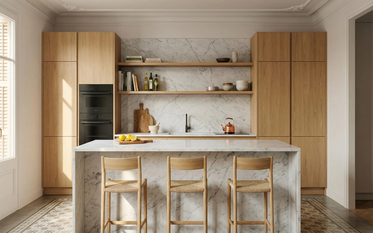 Cocina abierta con isla de mármol de Carrara