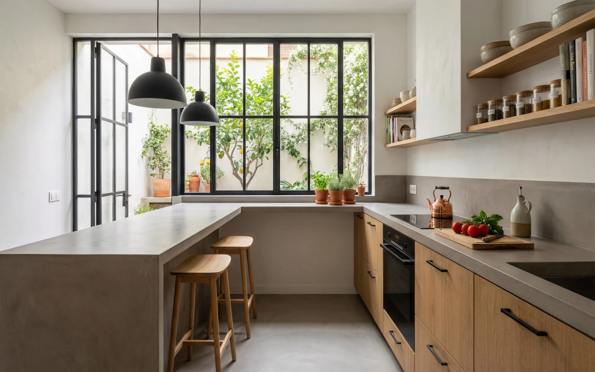 Cocina abierta con microcemento y acceso al patio interior