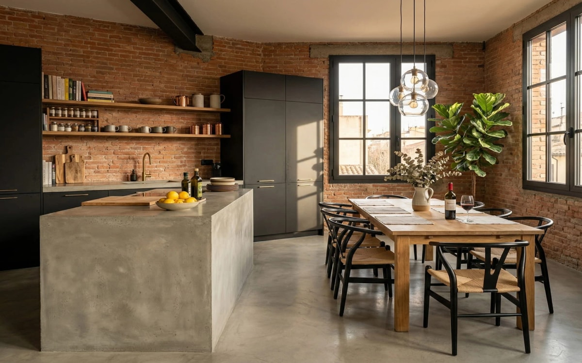 Cocina abierta con isla central de hormigón