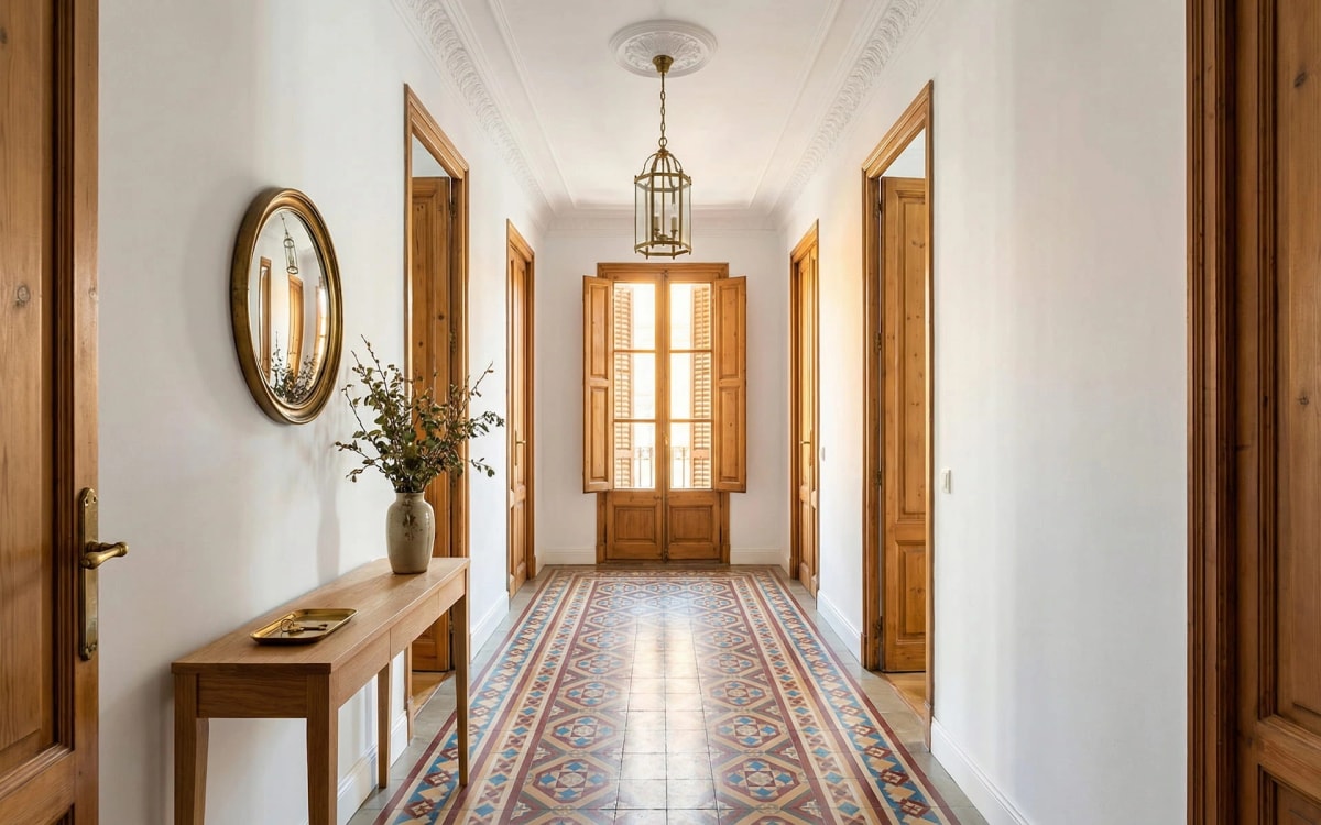 Pasillo con suelos hidráulicos originales restaurados