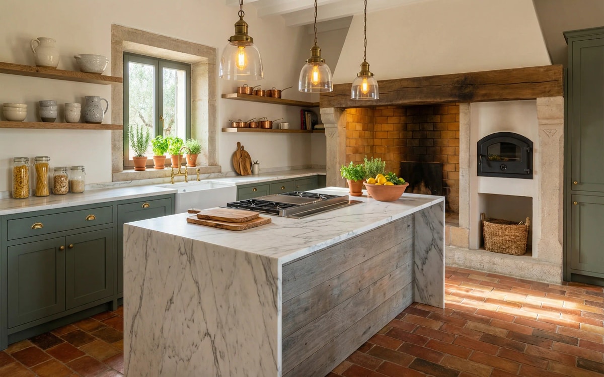 Cocina con chimenea de piedra y suelo de terracota