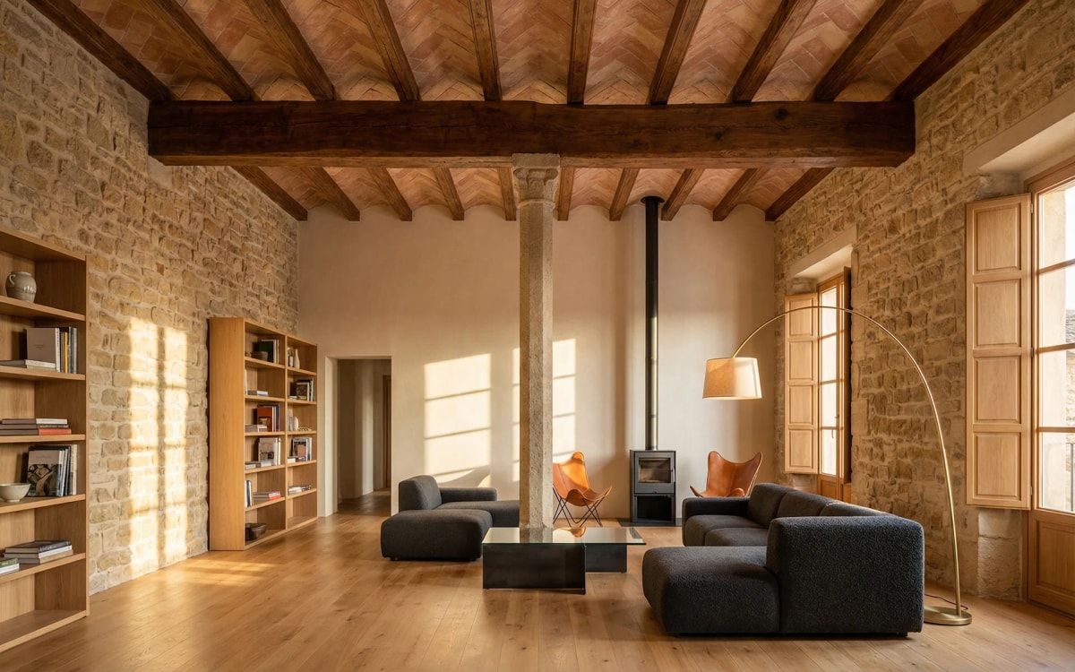 Salón con vigas de madera y bóveda catalana restaurada