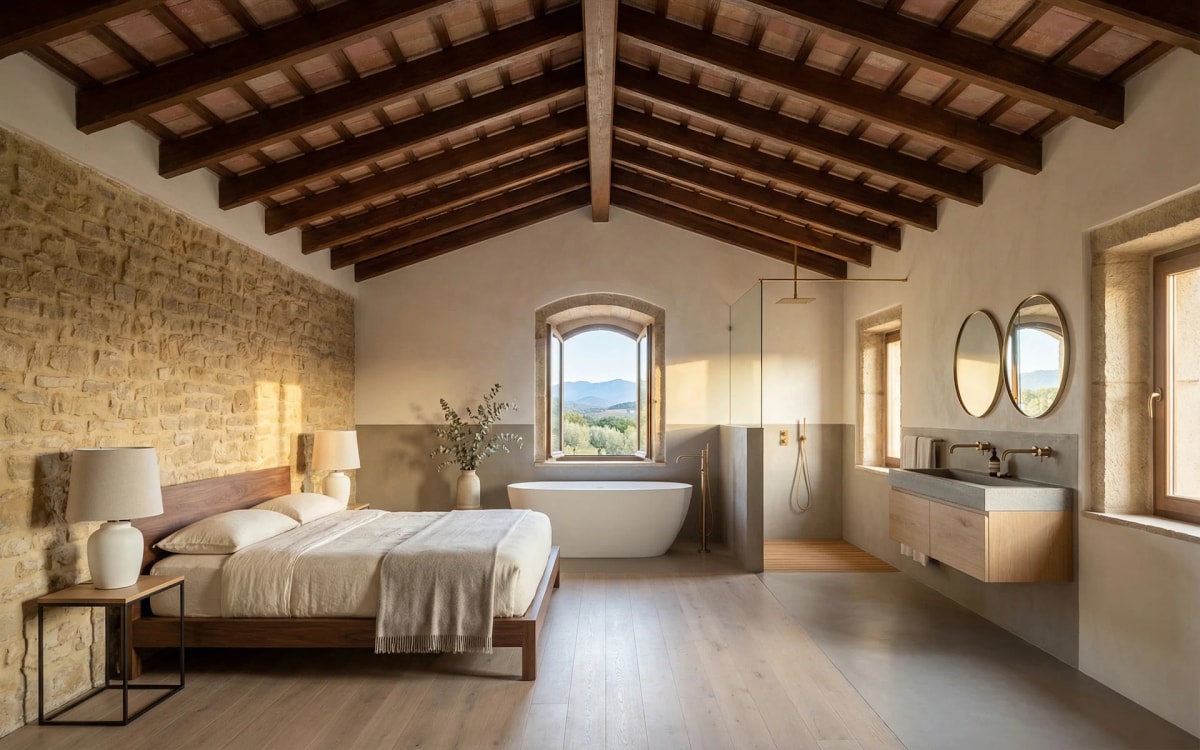 Suite principal bajo cubierta con piedra vista y baño abierto