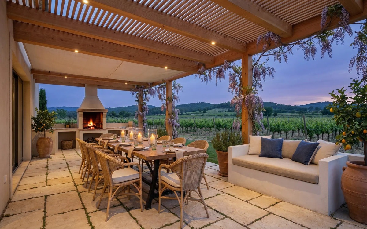Terraza con pérgola y vistas a los viñedos del Penedès