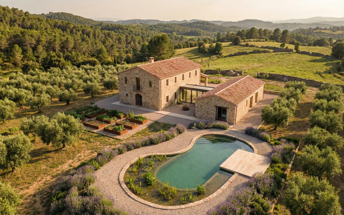 Vista aérea de la masía con piscina y olivar