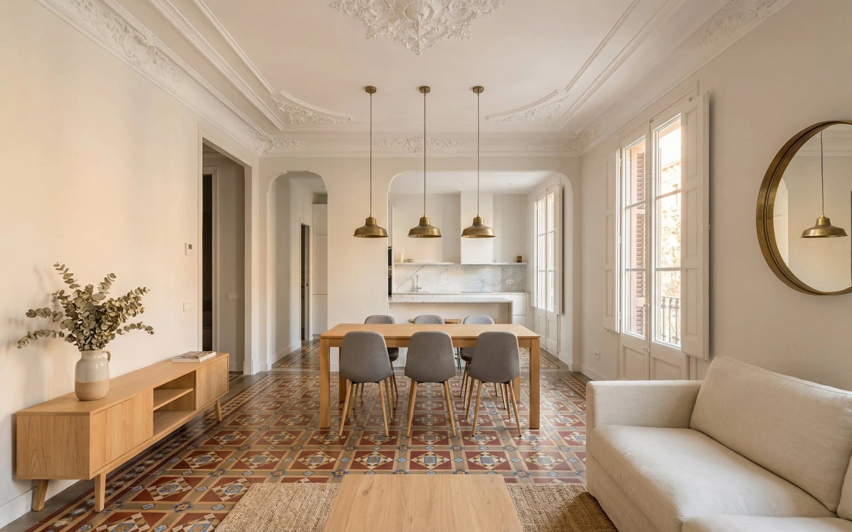 Salón-comedor del piso modernista reformado en el Eixample