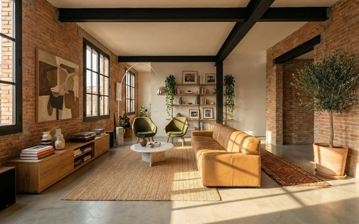 Salón del loft industrial con ladrillo visto y vigas de acero