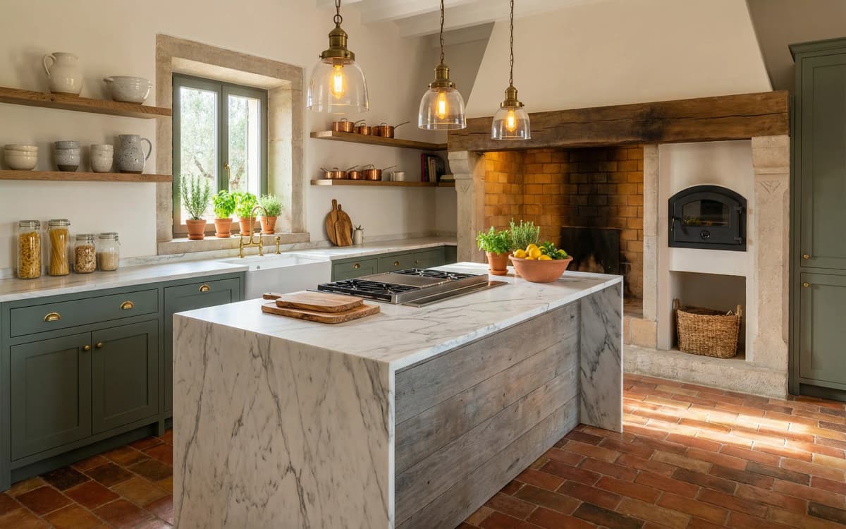 Cocina con chimenea de piedra y suelo de terracota en masía