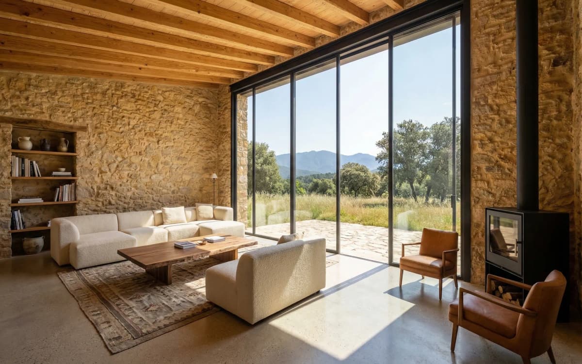 Salón con gran ventanal en masía de la campiña catalana